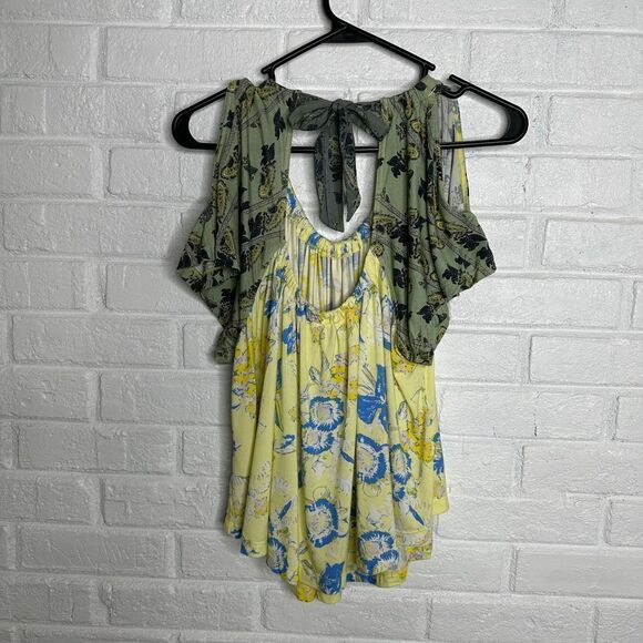 Free People Baja Babe Tie Back Cold Shoulder Top Yellow and Green size Small - Picture 6 of 6